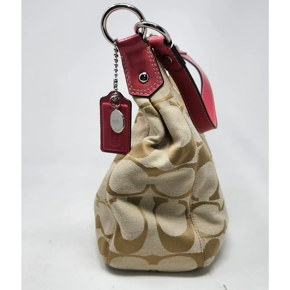 Vtg Y2K Coach Signature Stripe Hobo Shoulder Bag F19281 Khaki/Berry Pink